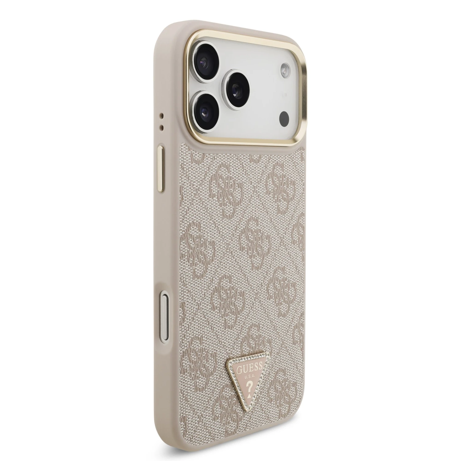 Guess PU Leather 4G Strass Triangle Logo Gold Frame MagSafe Zadní Kryt pro iPhone 18 Pro Max Pink