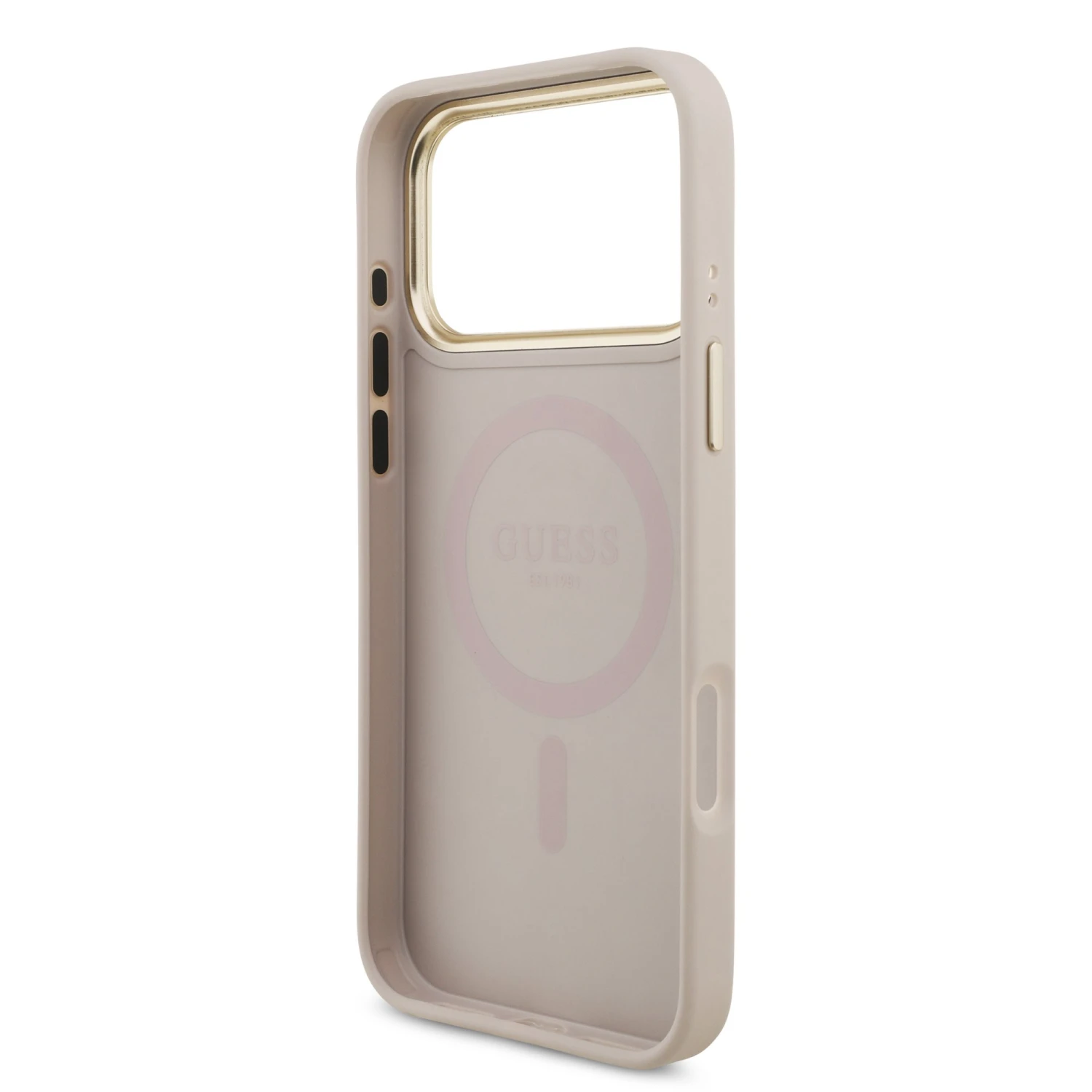 Guess PU Leather 4G Strass Triangle Logo Gold Frame MagSafe Zadní Kryt pro iPhone 18 Pro Max Pink