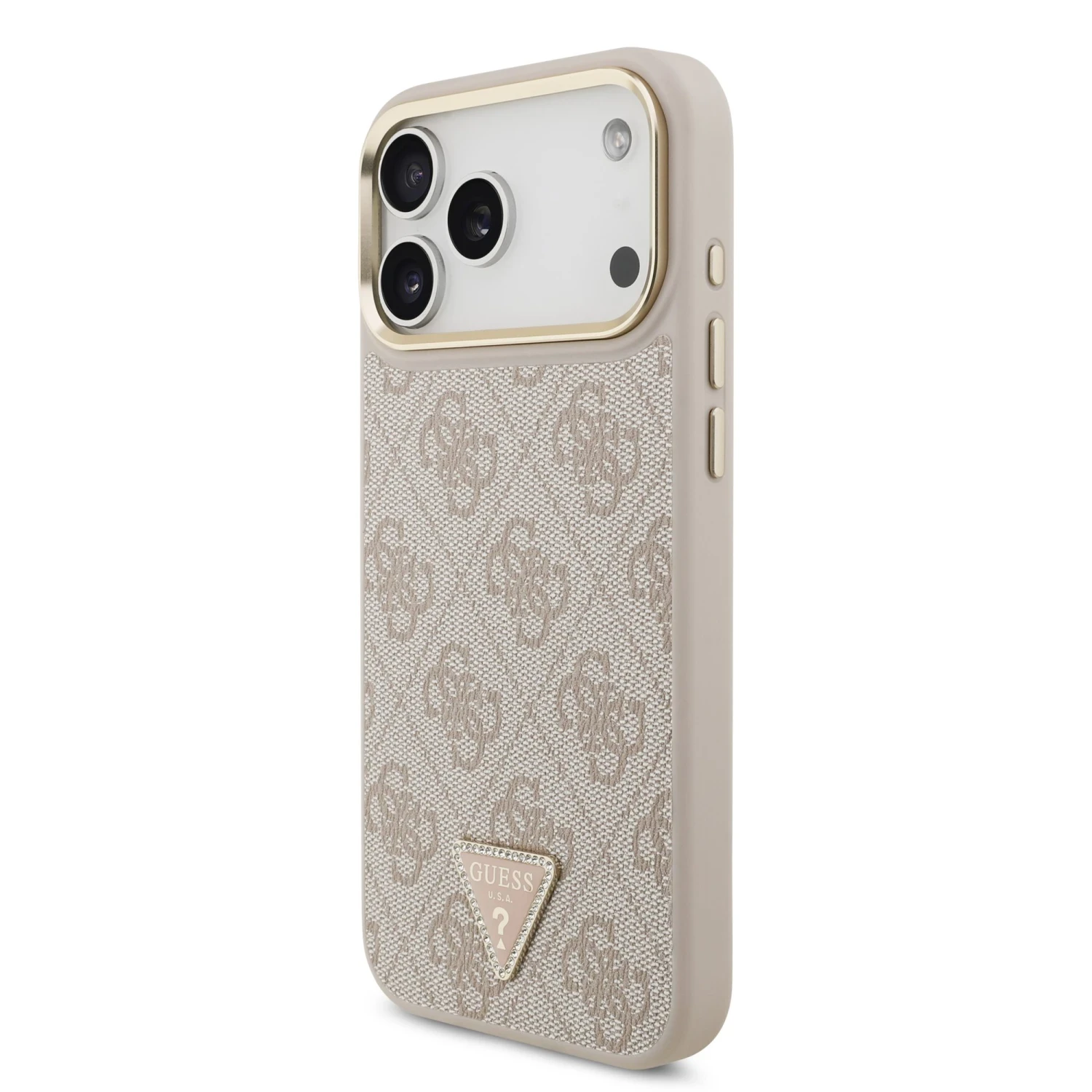Zadní kryt Guess PU Leather 4G Strass Triangle Logo Gold Frame MagSafe pro Apple iPhone 18 Pro, růžová