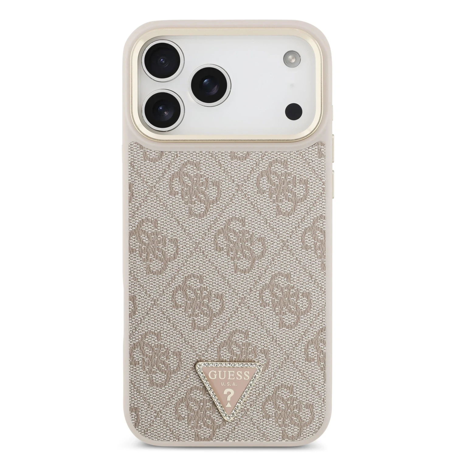 Zadní kryt Guess PU Leather 4G Strass Triangle Logo Gold Frame MagSafe pro Apple iPhone 18 Pro, růžová