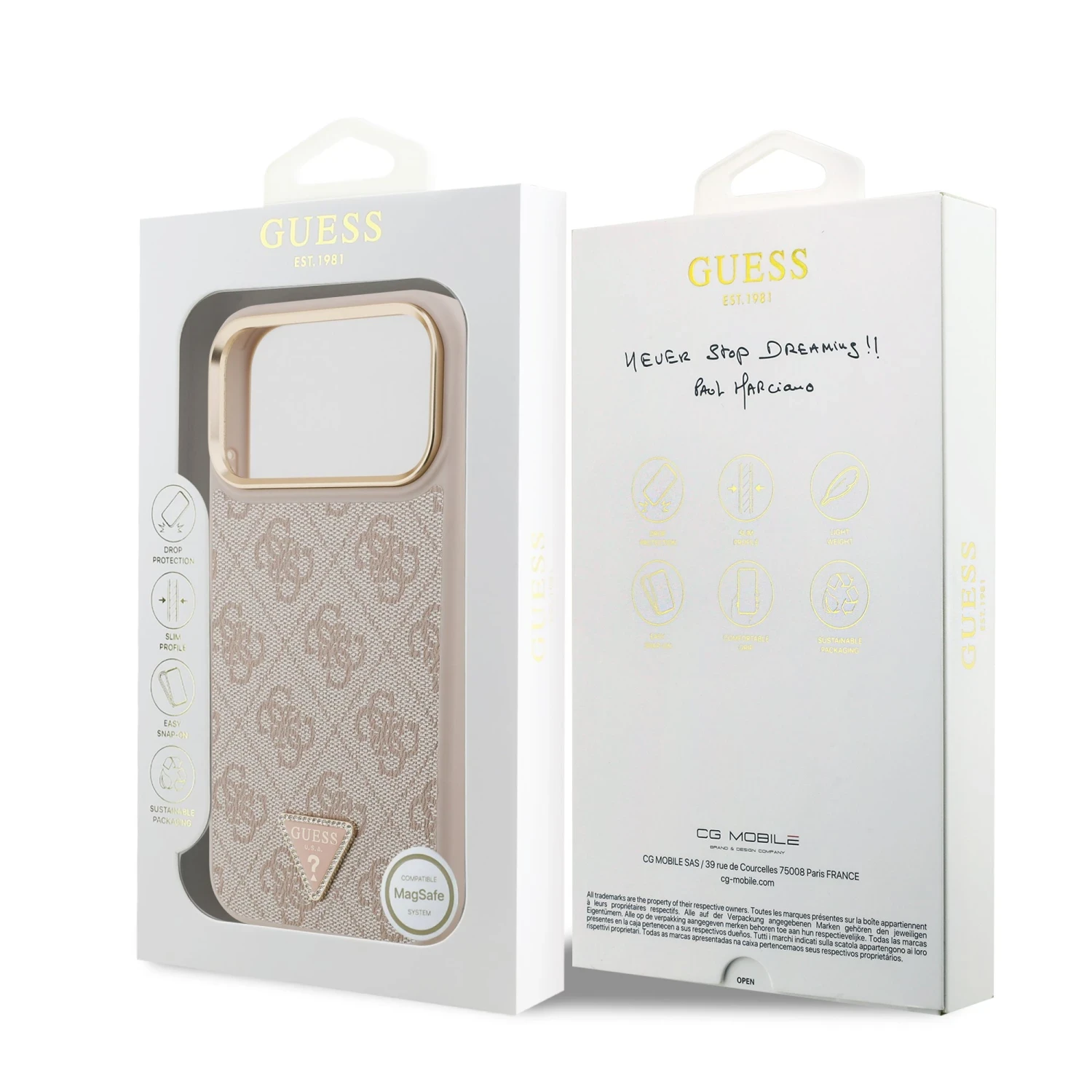 Zadní kryt Guess PU Leather 4G Strass Triangle Logo Gold Frame MagSafe pro Apple iPhone 18 Pro, růžová