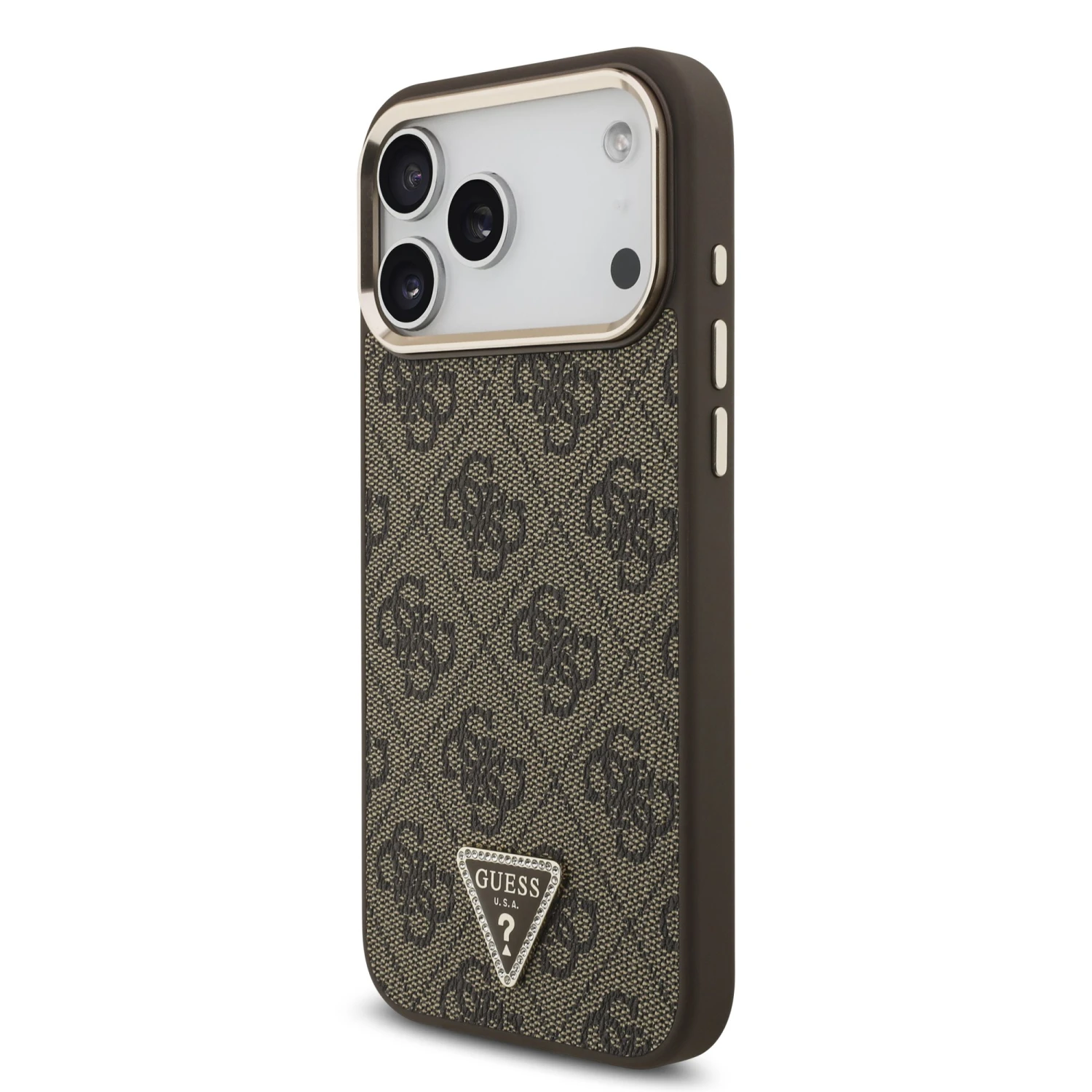 Guess PU Leather 4G Strass Triangle Logo Gold Frame MagSafe Zadní Kryt pro iPhone 18 Pro Max Brown