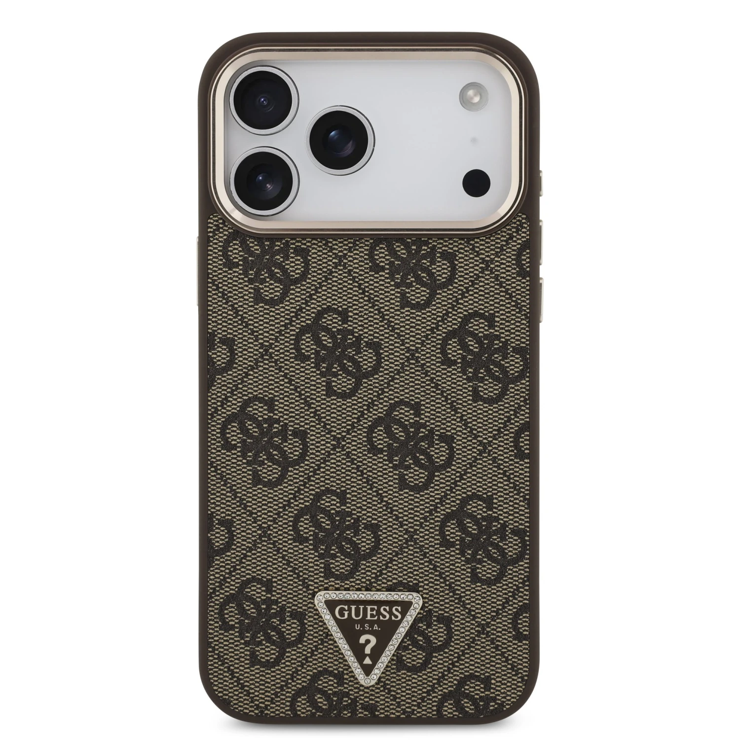 Guess PU Leather 4G Strass Triangle Logo Gold Frame MagSafe Zadní Kryt pro iPhone 18 Pro Max Brown