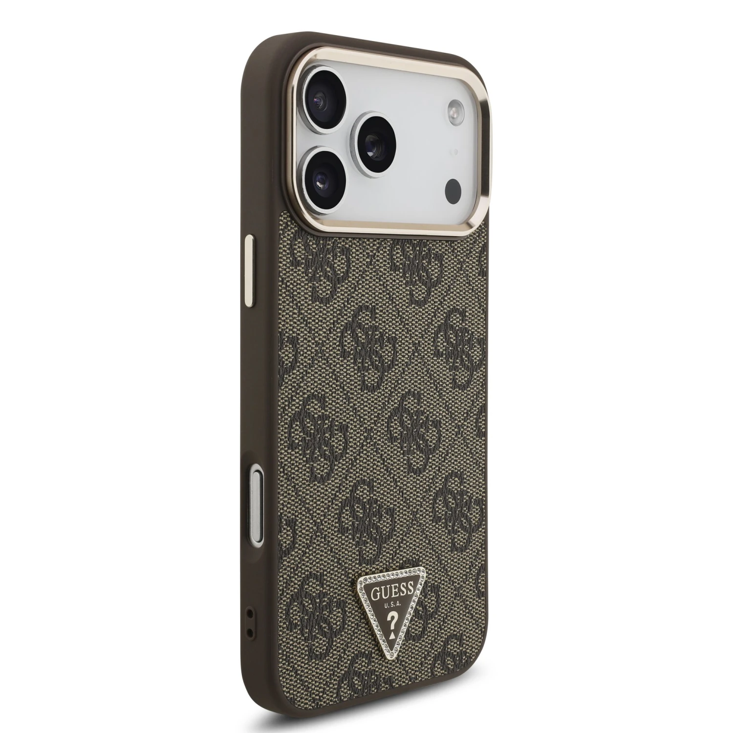 Guess PU Leather 4G Strass Triangle Logo Gold Frame MagSafe Zadní Kryt pro iPhone 18 Pro Max Brown