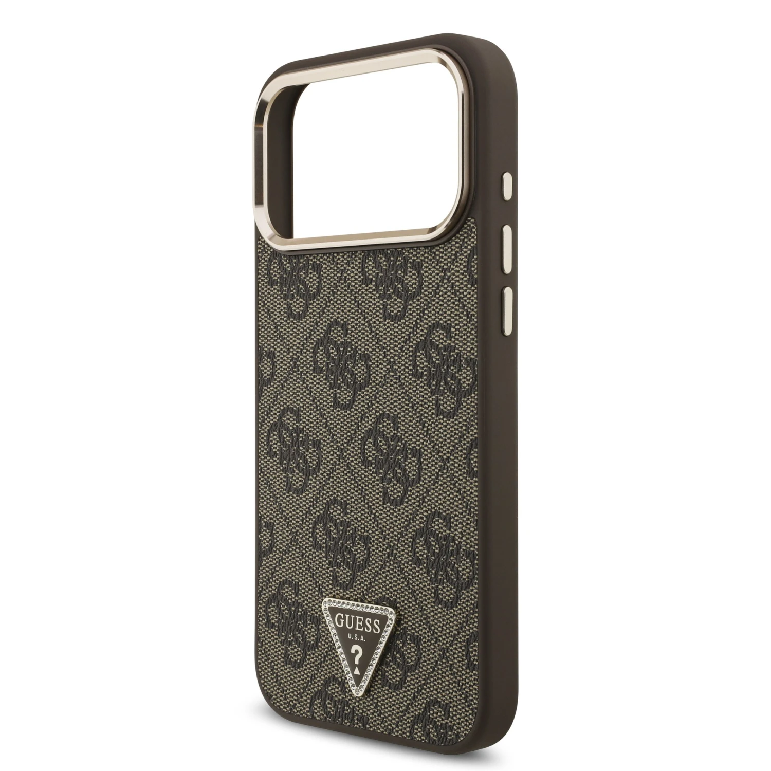 Guess PU Leather 4G Strass Triangle Logo Gold Frame MagSafe Zadní Kryt pro iPhone 18 Pro Max Brown