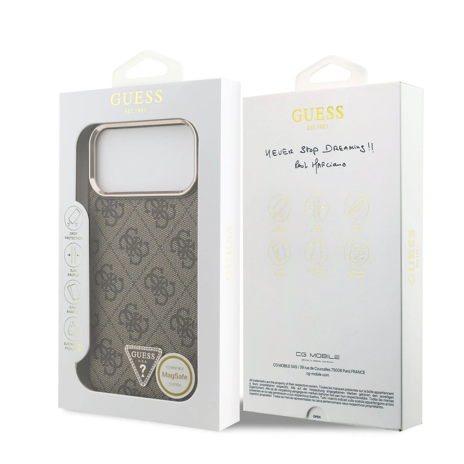 Guess PU Leather 4G Strass Triangle Logo Gold Frame MagSafe Zadní Kryt pro iPhone 18 Pro Max Brown
