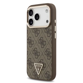 Zadní kryt Guess PU Leather 4G Strass Triangle Logo Gold Frame MagSafe pro Apple iPhone 18 Pro, hnědá