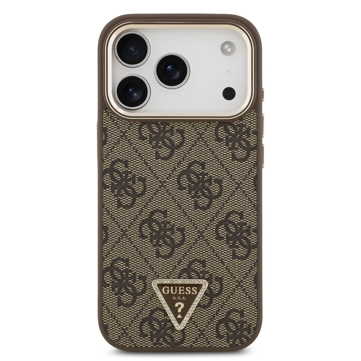 Guess PU Leather 4G Strass Triangle Logo Gold Frame MagSafe Zadní Kryt pro iPhone 18 Pro Brown