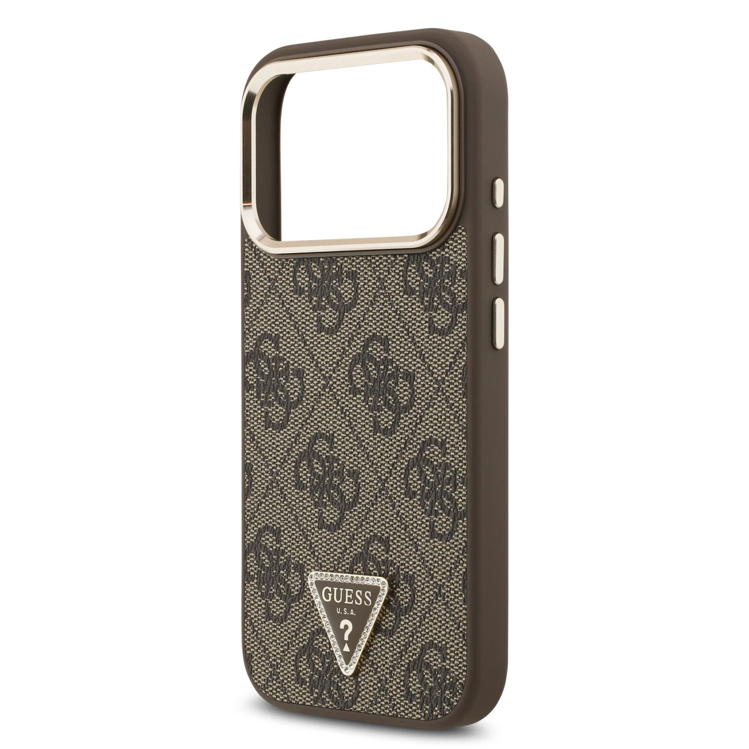 Guess PU Leather 4G Strass Triangle Logo Gold Frame MagSafe Zadní Kryt pro iPhone 18 Pro Brown