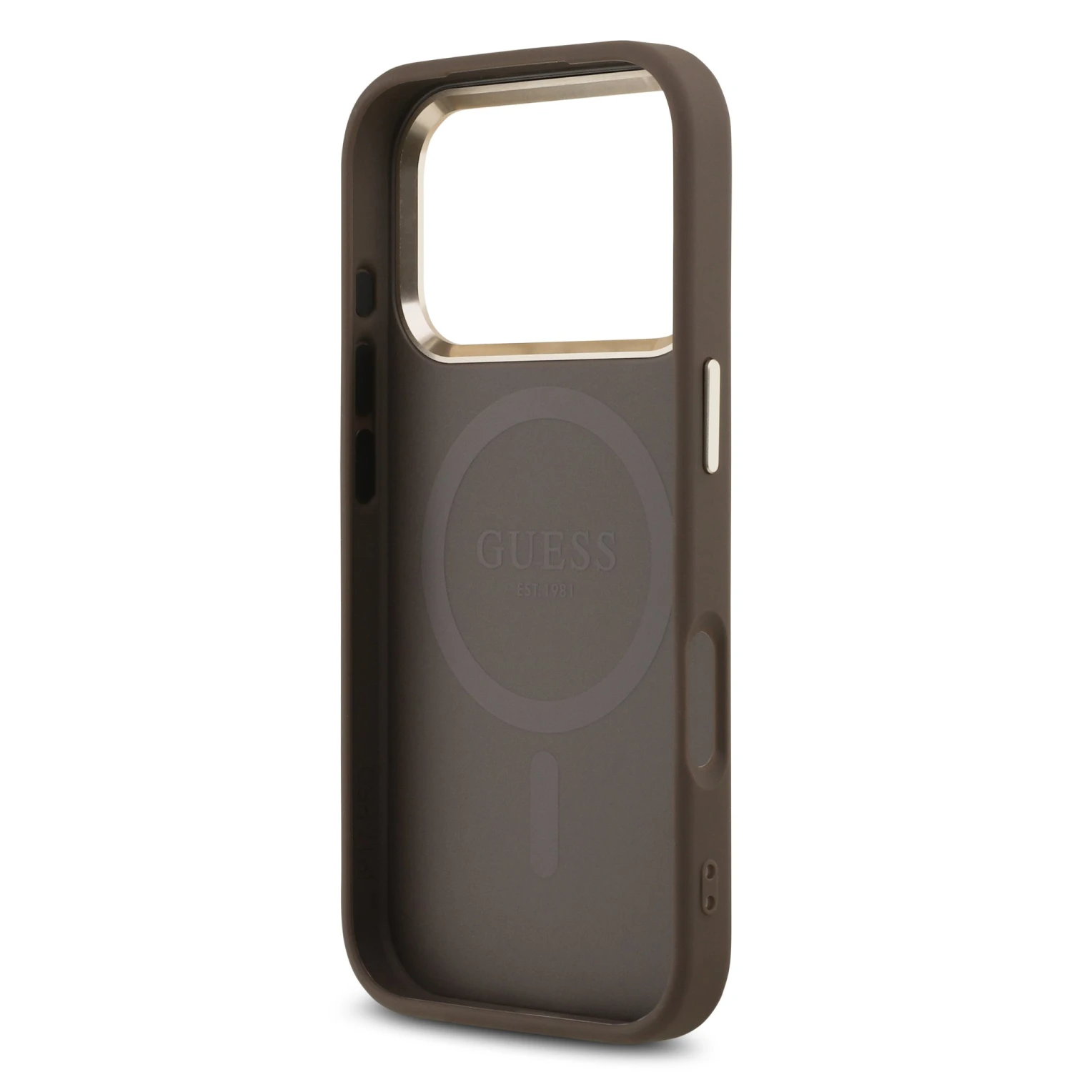 Guess PU Leather 4G Strass Triangle Logo Gold Frame MagSafe Zadní Kryt pro iPhone 18 Pro Brown