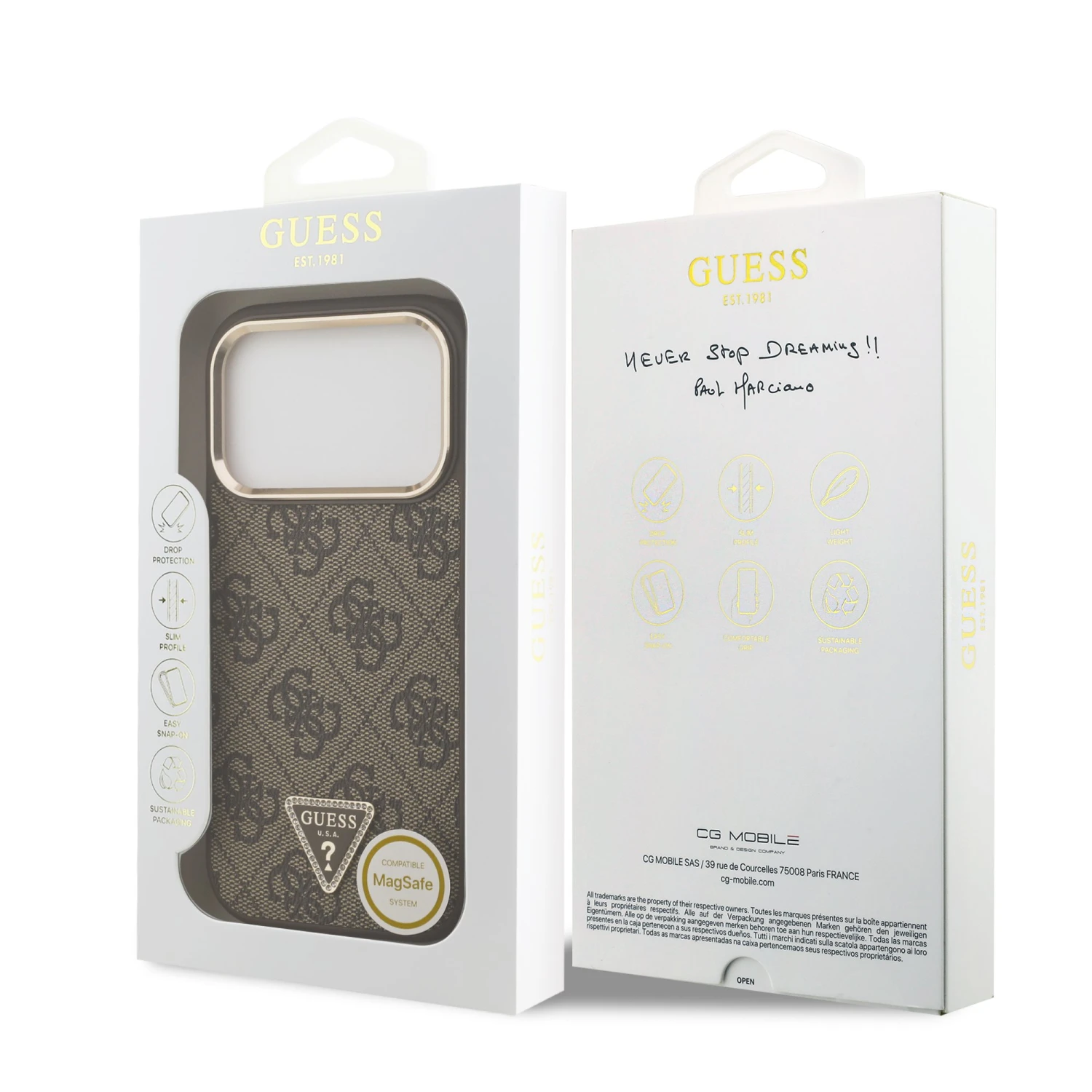 Guess PU Leather 4G Strass Triangle Logo Gold Frame MagSafe Zadní Kryt pro iPhone 18 Pro Brown