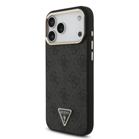 Zadní kryt Guess PU Leather 4G Strass Triangle Logo Gold Frame MagSafe pro Apple iPhone 18 Pro Max, černá