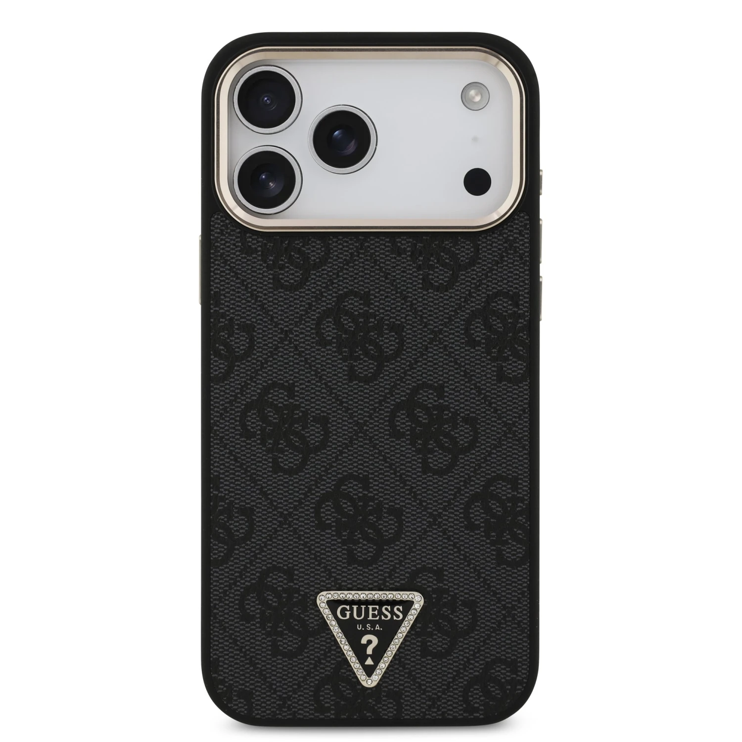 Guess PU Leather 4G Strass Triangle Logo Gold Frame MagSafe Zadní Kryt pro iPhone 18 Pro Max Black