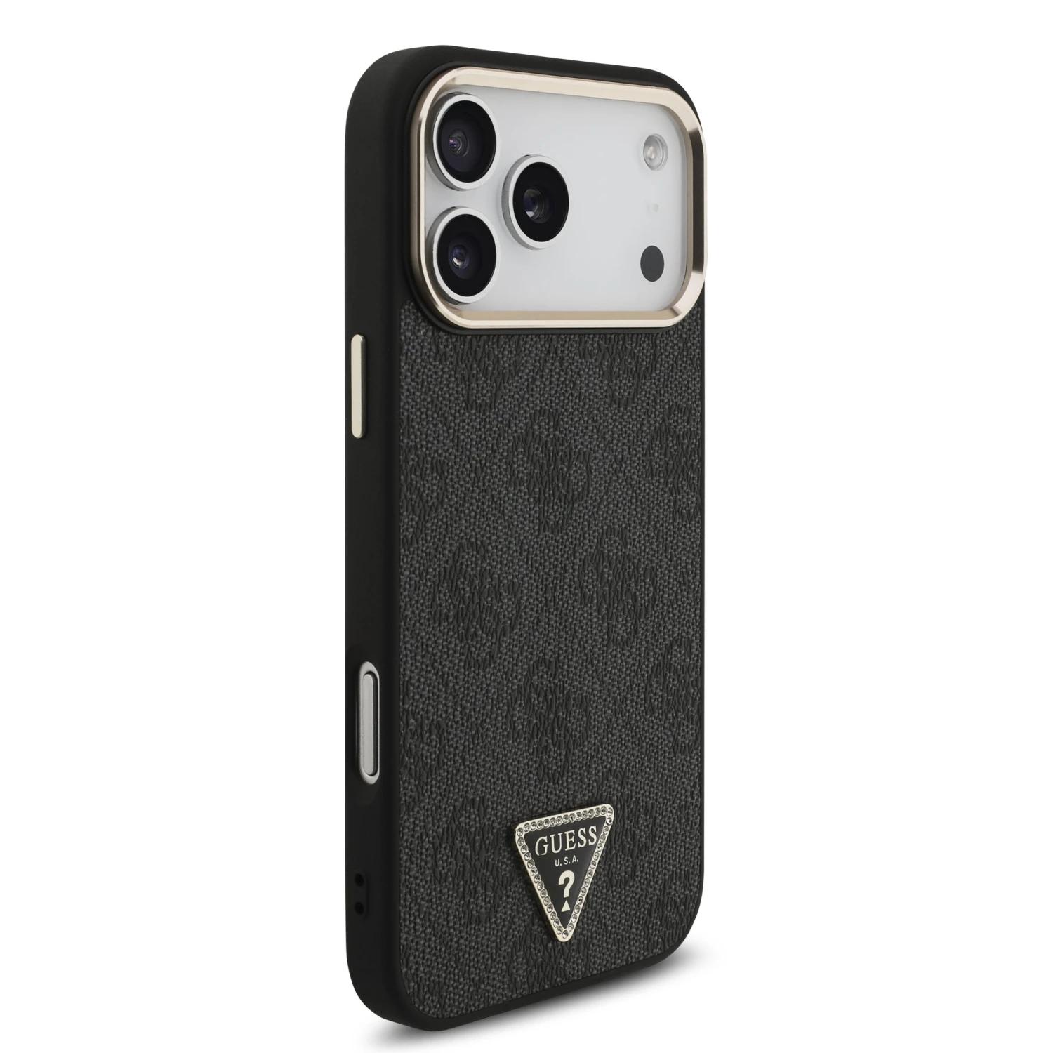 Guess PU Leather 4G Strass Triangle Logo Gold Frame MagSafe Zadní Kryt pro iPhone 18 Pro Max Black