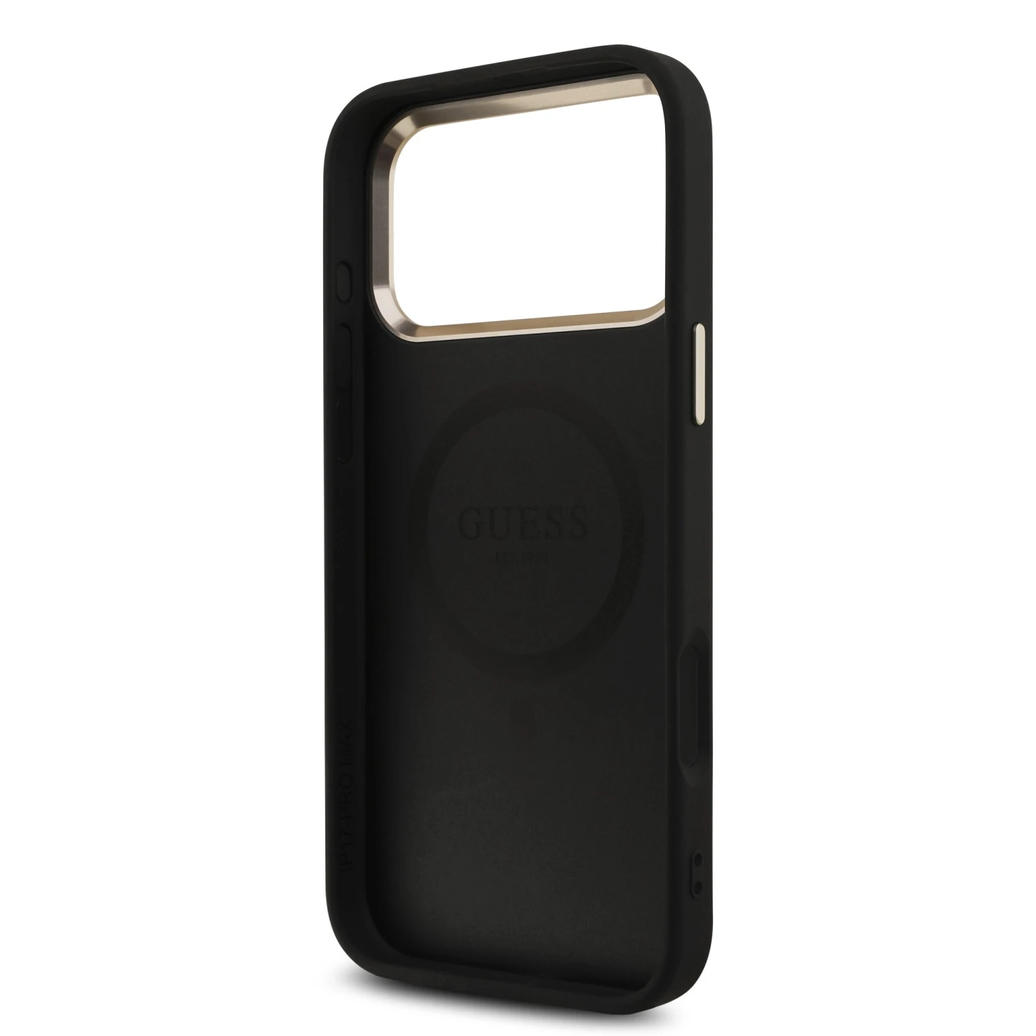 Guess PU Leather 4G Strass Triangle Logo Gold Frame MagSafe Zadní Kryt pro iPhone 18 Pro Max Black
