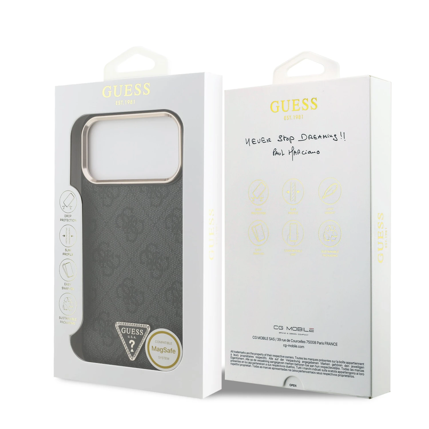 Guess PU Leather 4G Strass Triangle Logo Gold Frame MagSafe Zadní Kryt pro iPhone 18 Pro Max Black