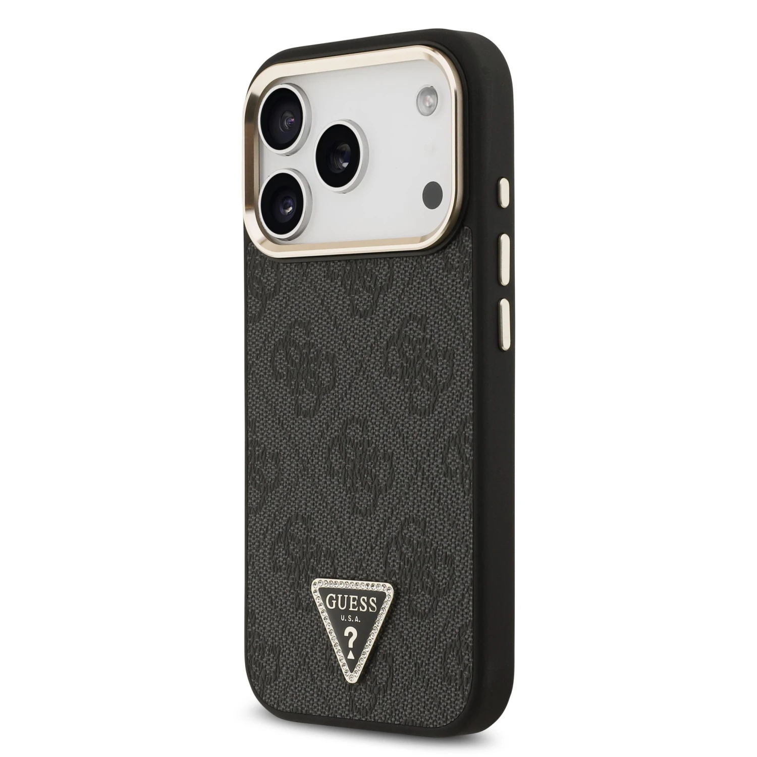 Guess PU Leather 4G Strass Triangle Logo Gold Frame MagSafe Zadní Kryt pro iPhone 18 Pro Black