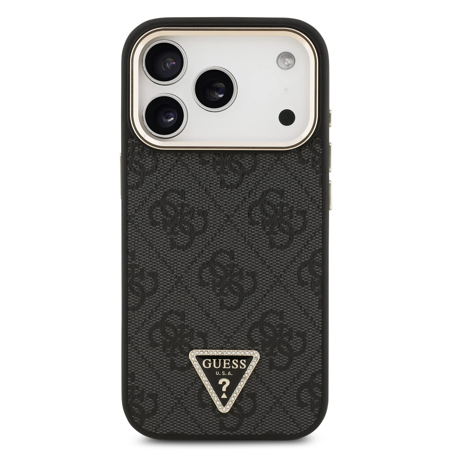 Guess PU Leather 4G Strass Triangle Logo Gold Frame MagSafe Zadní Kryt pro iPhone 18 Pro Black