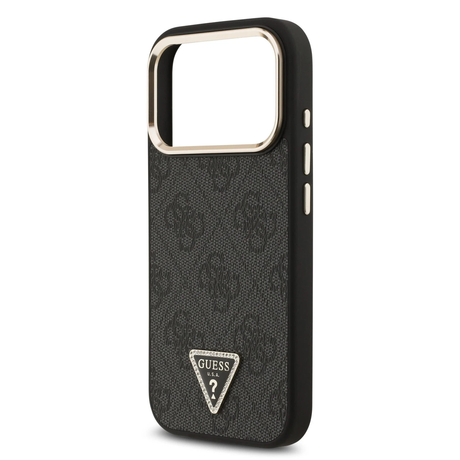 Guess PU Leather 4G Strass Triangle Logo Gold Frame MagSafe Zadní Kryt pro iPhone 18 Pro Black