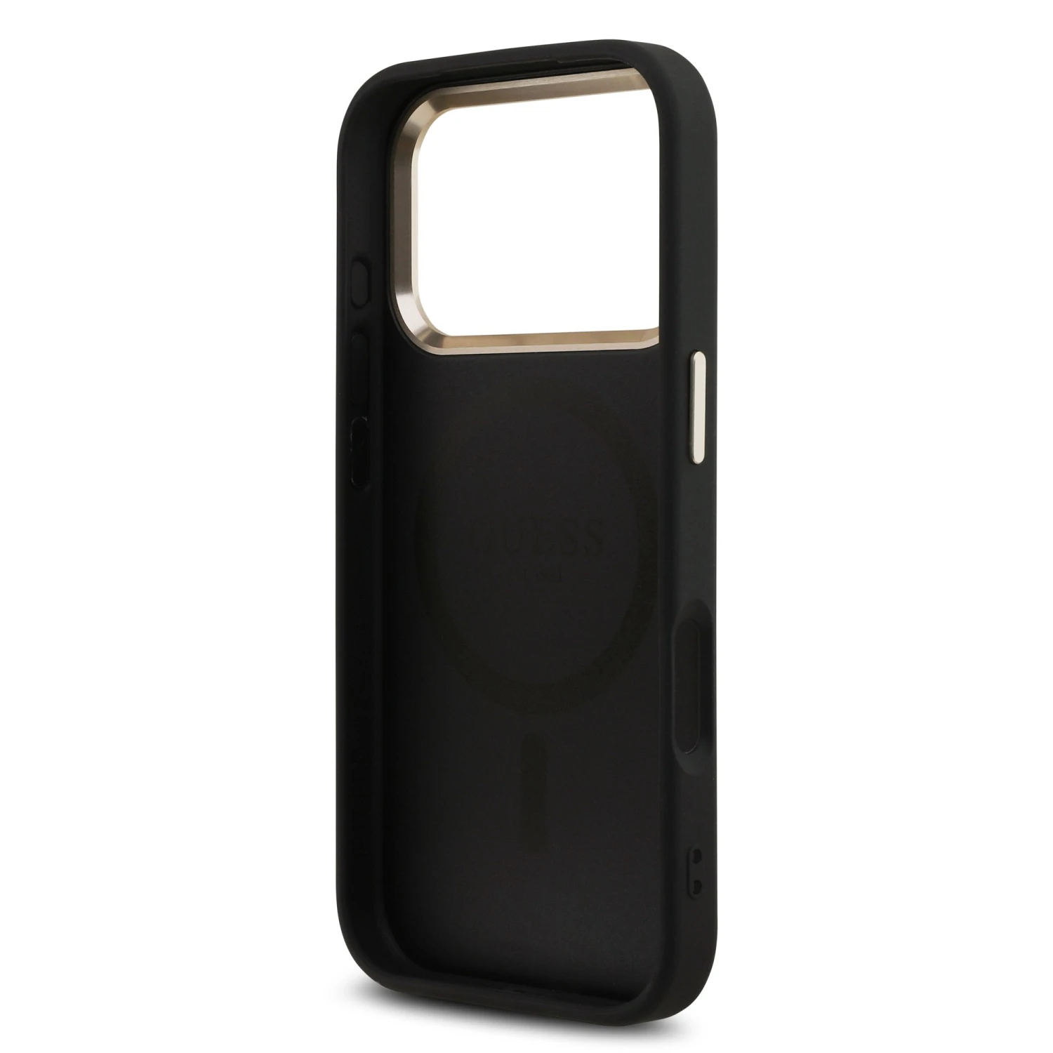 Guess PU Leather 4G Strass Triangle Logo Gold Frame MagSafe Zadní Kryt pro iPhone 18 Pro Black