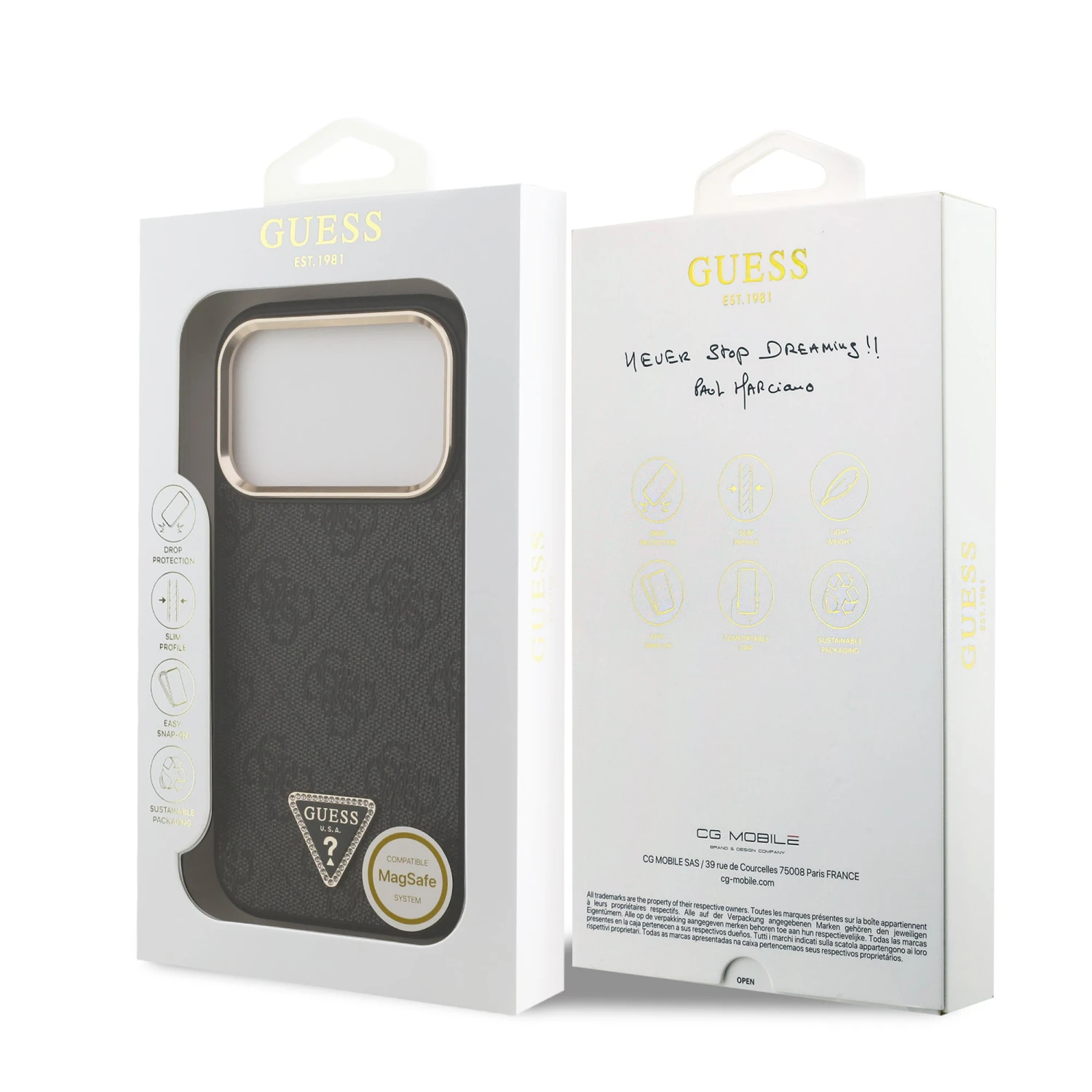 Guess PU Leather 4G Strass Triangle Logo Gold Frame MagSafe Zadní Kryt pro iPhone 18 Pro Black