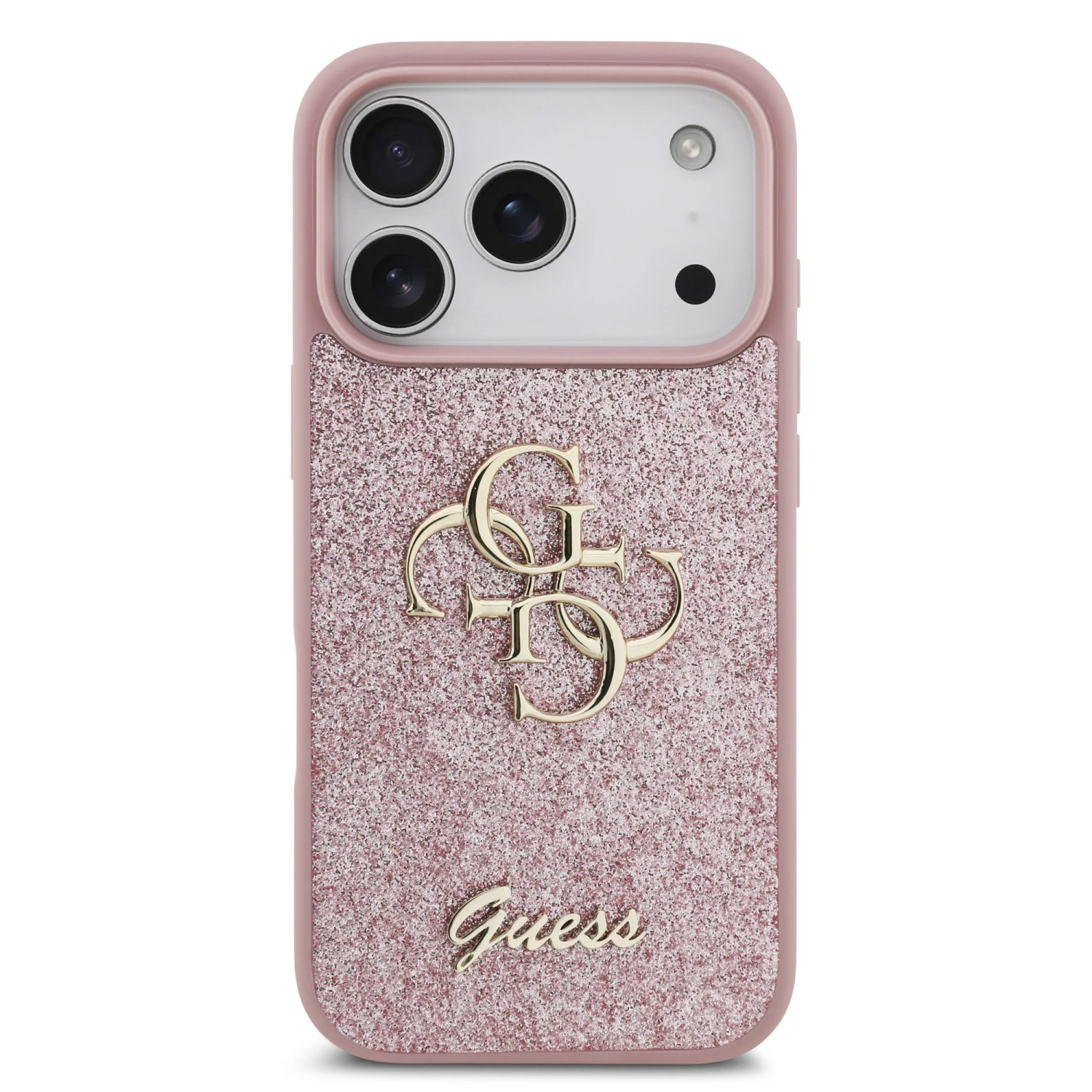 Guess PU Fixed Glitter 4G Metal Logo Zadní Kryt pro iPhone 18 Pro Pink
