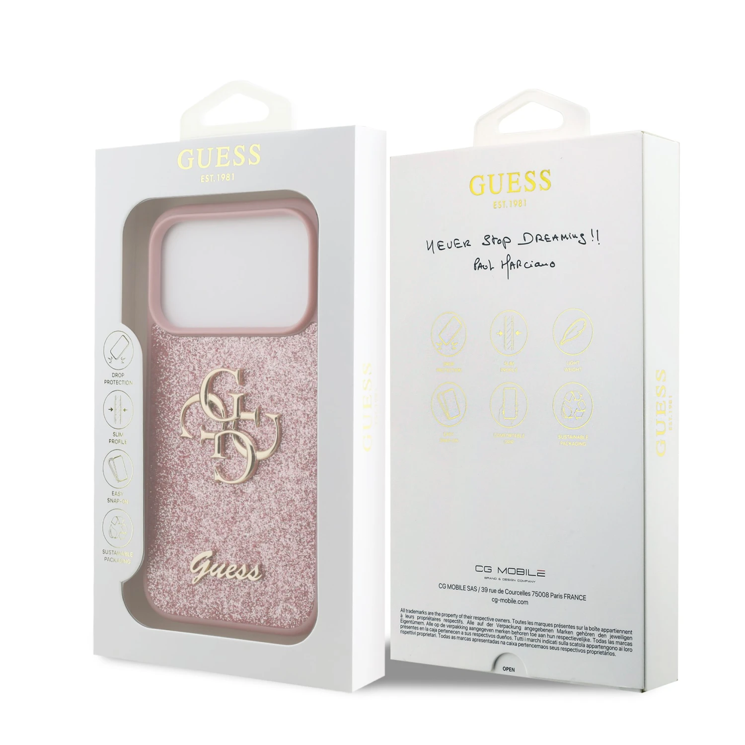 Guess PU Fixed Glitter 4G Metal Logo Zadní Kryt pro iPhone 18 Pro Pink