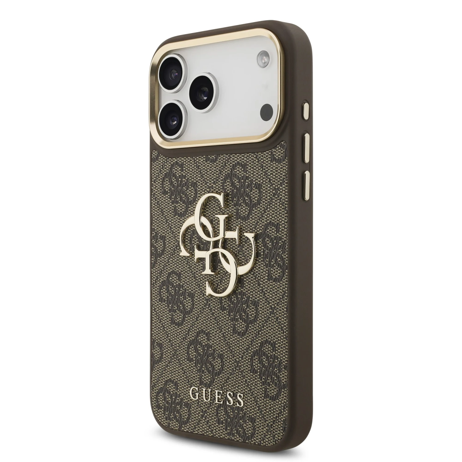 Guess PU Leather 4G Metal Logo Gold Frame Zadní Kryt pro iPhone 18 Pro Max Brown