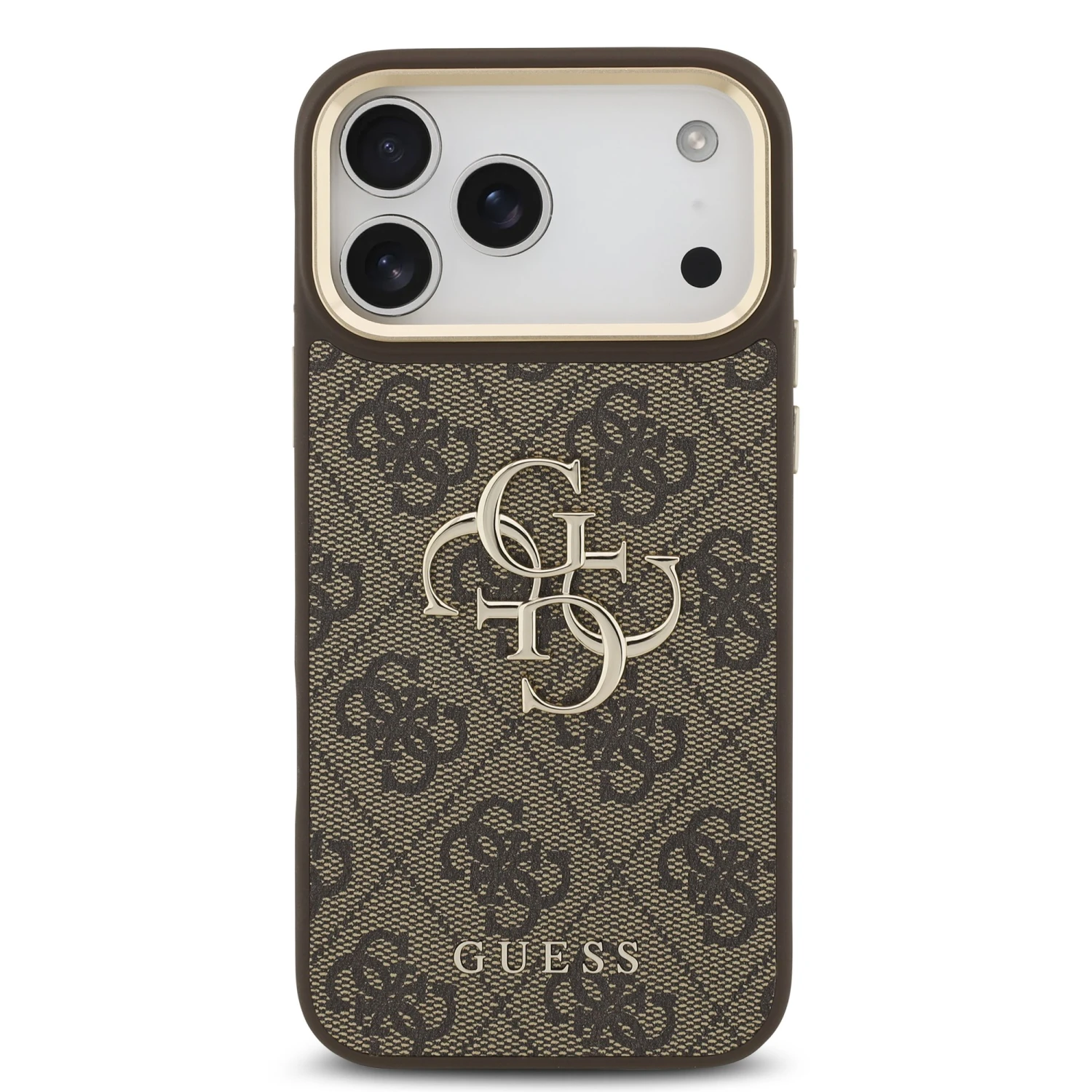Guess PU Leather 4G Metal Logo Gold Frame Zadní Kryt pro iPhone 18 Pro Max Brown