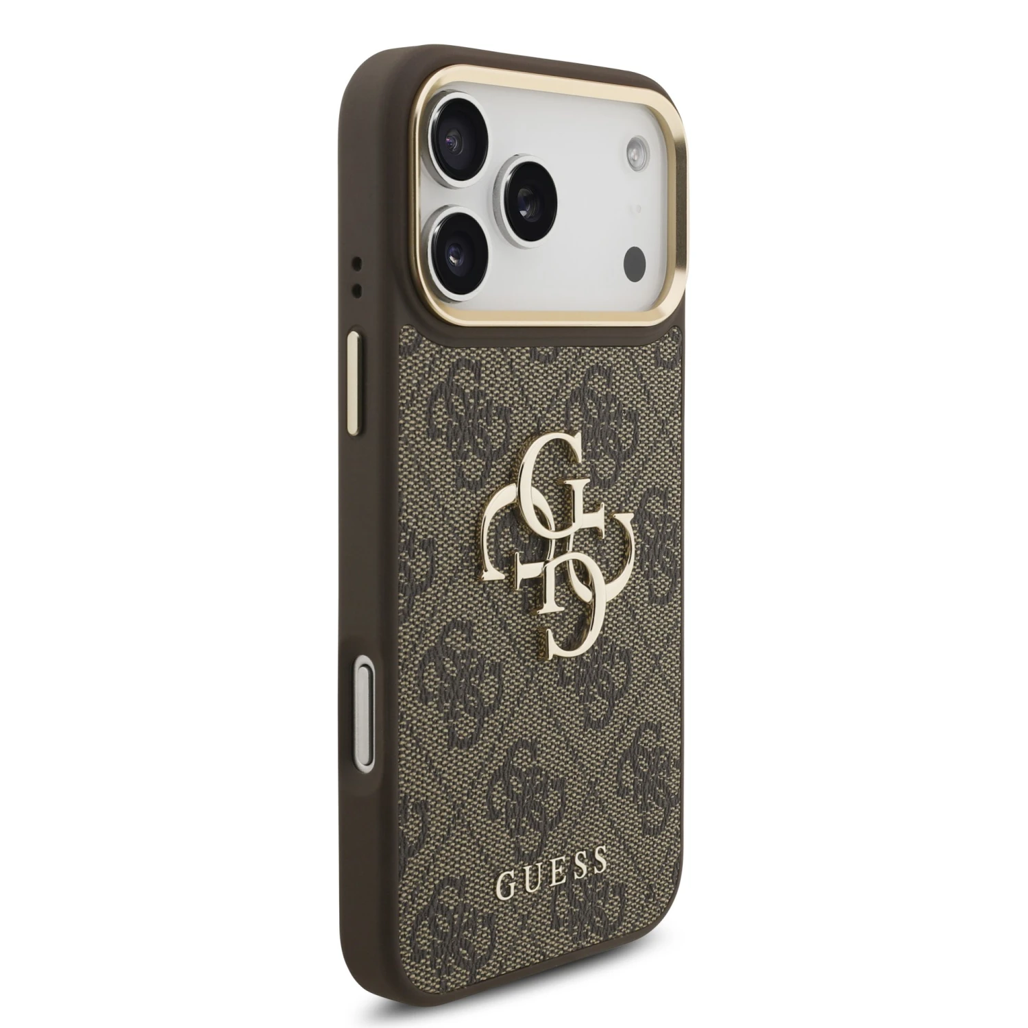 Guess PU Leather 4G Metal Logo Gold Frame Zadní Kryt pro iPhone 18 Pro Max Brown