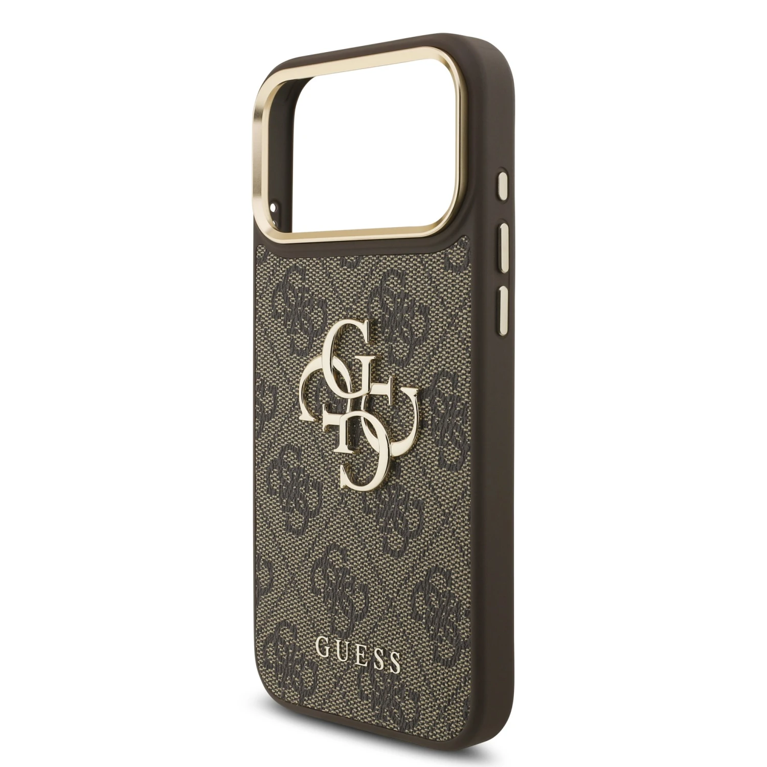 Guess PU Leather 4G Metal Logo Gold Frame Zadní Kryt pro iPhone 18 Pro Max Brown