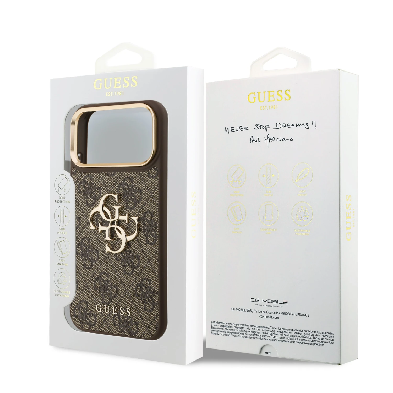 Guess PU Leather 4G Metal Logo Gold Frame Zadní Kryt pro iPhone 18 Pro Max Brown