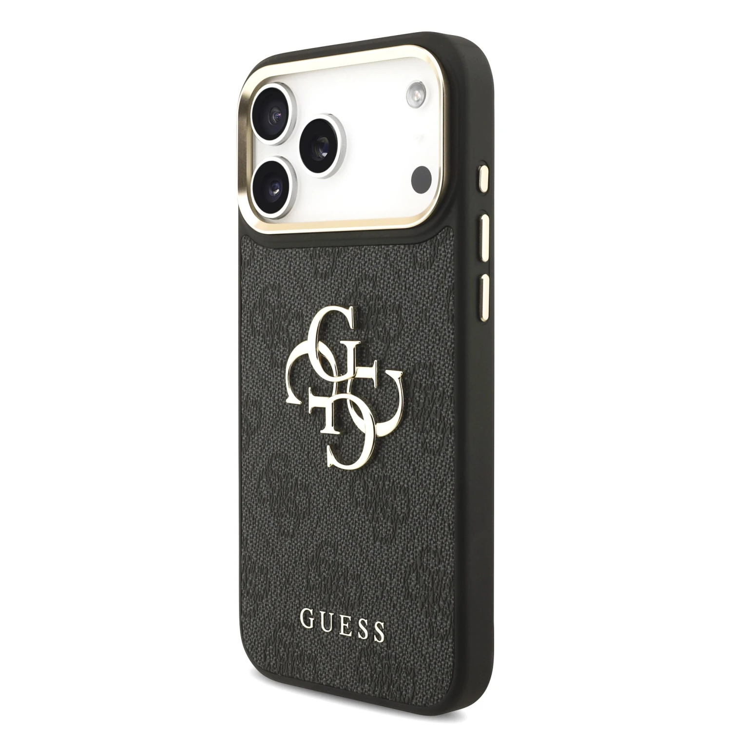 Guess PU Leather 4G Metal Logo Gold Frame Zadní Kryt pro iPhone 18 Pro Max Black
