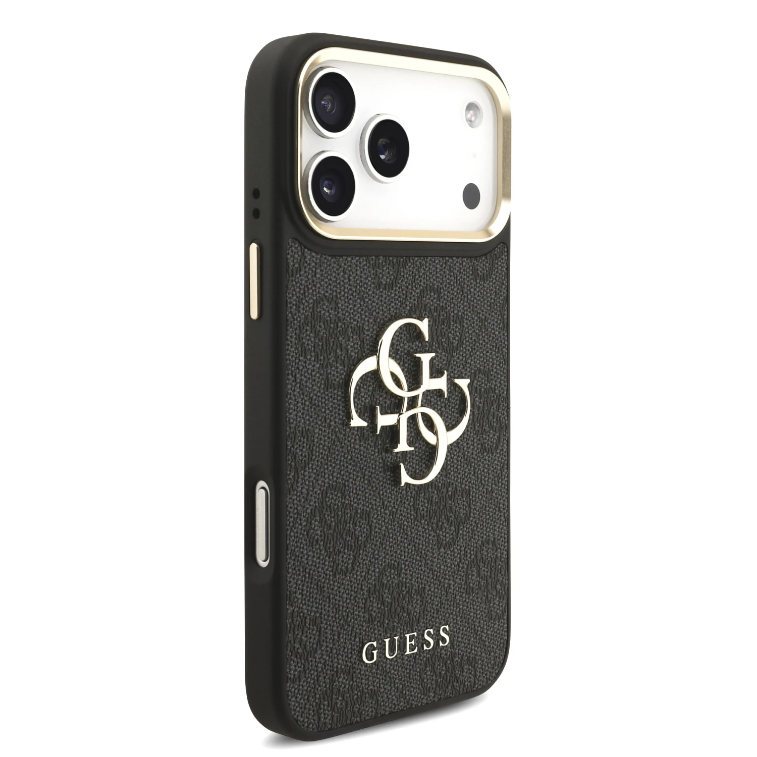 Guess PU Leather 4G Metal Logo Gold Frame Zadní Kryt pro iPhone 18 Pro Max Black