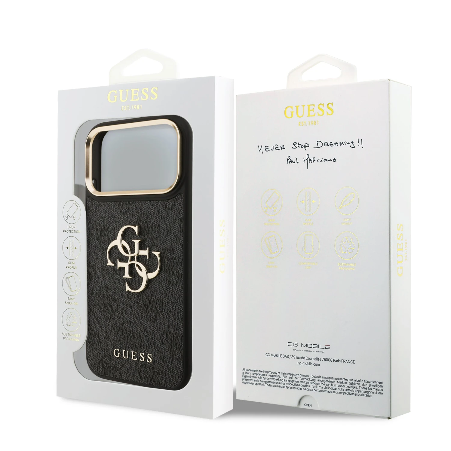 Guess PU Leather 4G Metal Logo Gold Frame Zadní Kryt pro iPhone 18 Pro Max Black