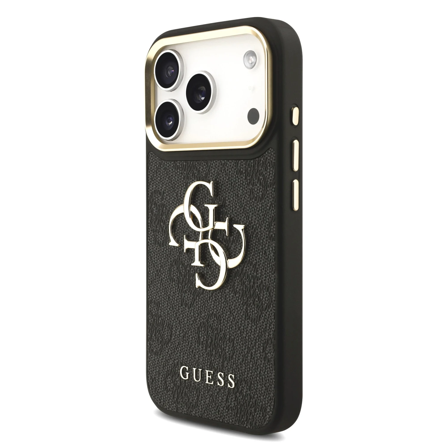 Guess PU Leather 4G Metal Logo Gold Frame Zadní Kryt pro iPhone 18 Pro Black