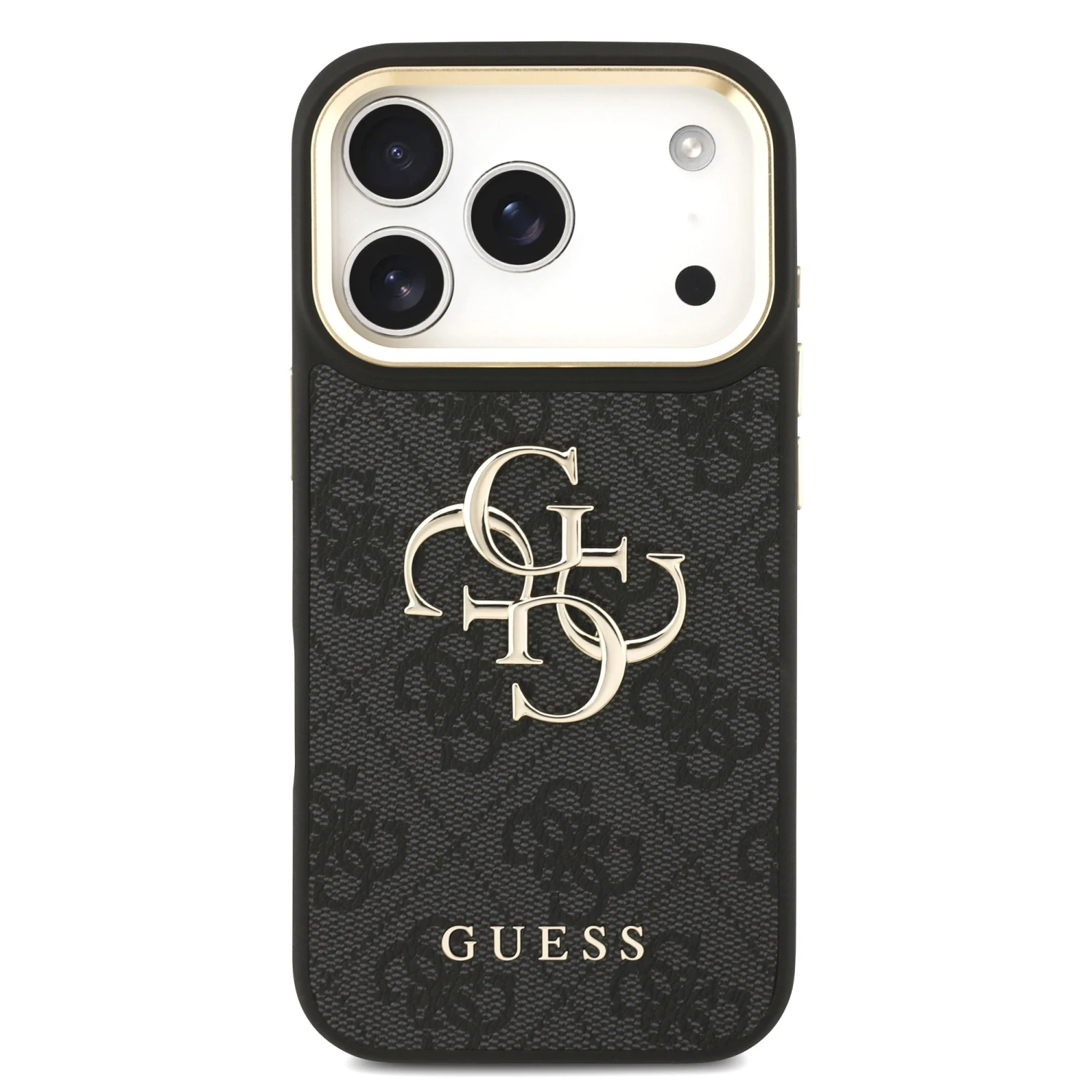 Guess PU Leather 4G Metal Logo Gold Frame Zadní Kryt pro iPhone 18 Pro Black