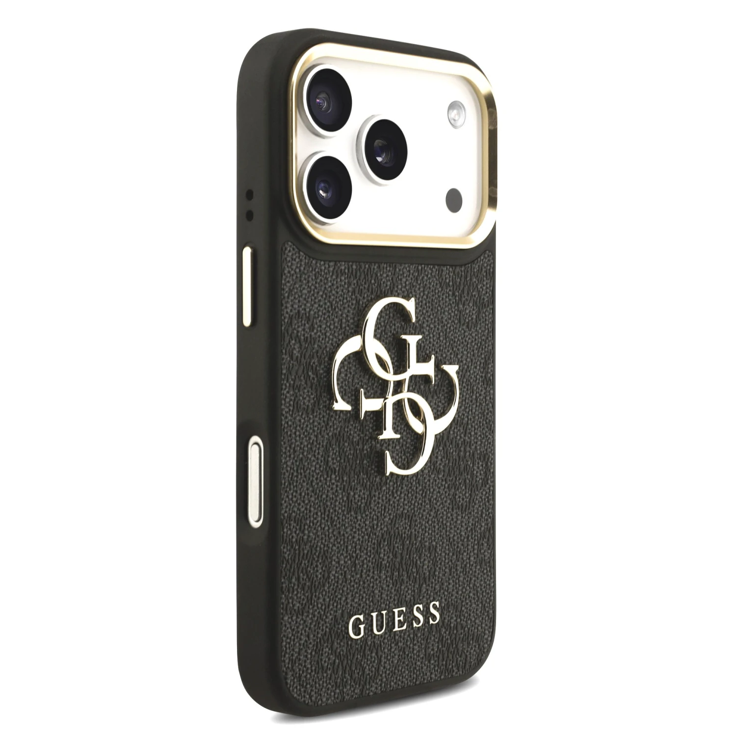 Guess PU Leather 4G Metal Logo Gold Frame Zadní Kryt pro iPhone 18 Pro Black