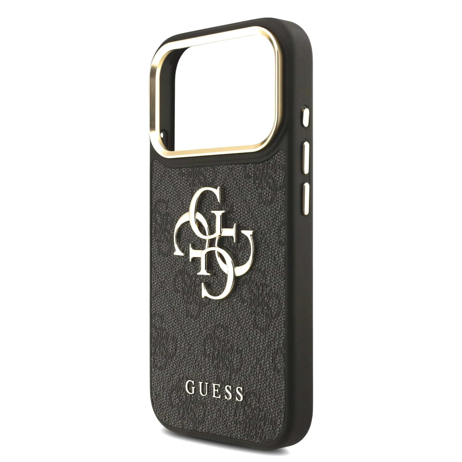 Guess PU Leather 4G Metal Logo Gold Frame Zadní Kryt pro iPhone 18 Pro Black
