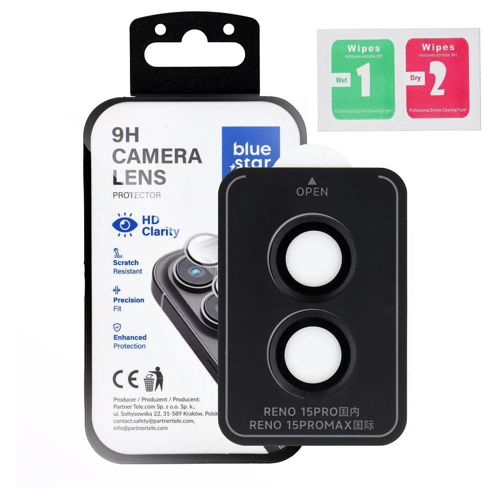 Ochranné sklo Blue Star Easy Install Tempered Glass Camera Lens Protector pro Oppo Reno15, černá