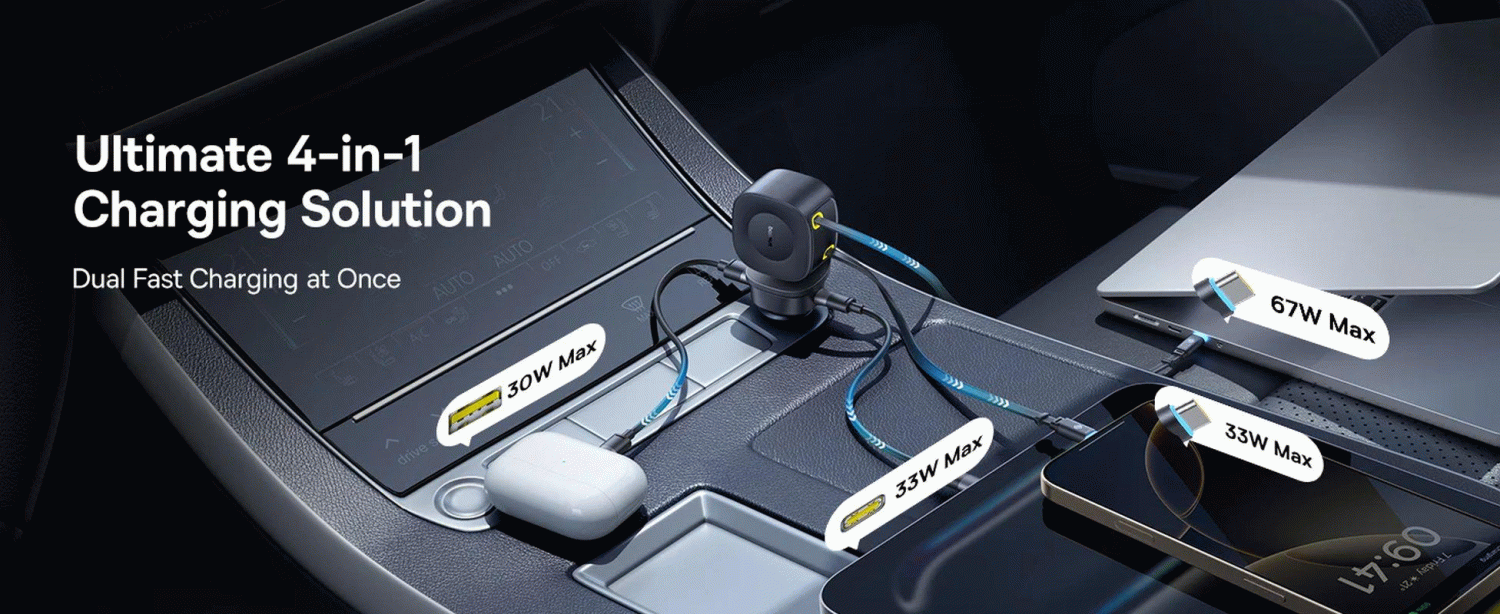 Nabíječka do auta Baseus PrimeTrip VR2 Max 100W s navíjecími kabely 2x USB-C, 1xUSB-C, 1x USB, černá