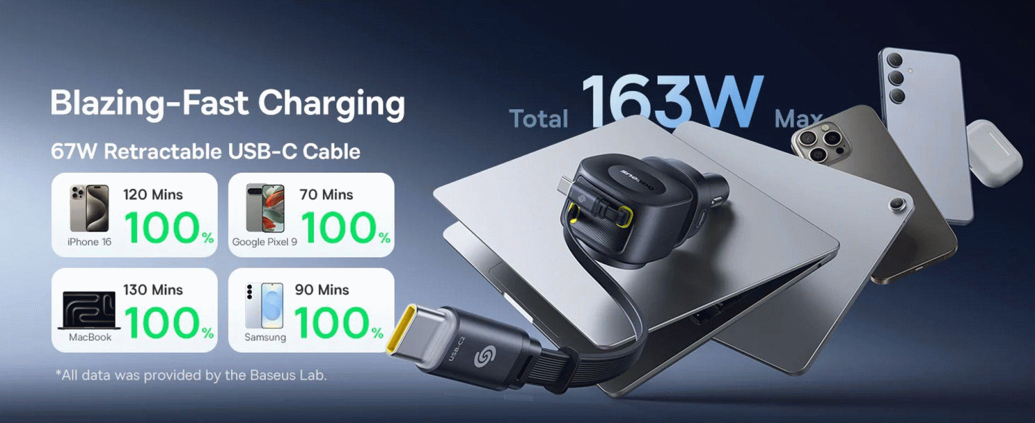 Nabíječka do auta Baseus PrimeTrip VR2 Max 100W s navíjecími kabely 2x USB-C, 1xUSB-C, 1x USB, černá