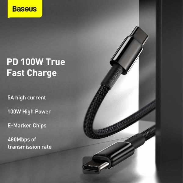 Datový kabel Baseus Tungsten Gold USB-C/USB-C 2m 100W, černá