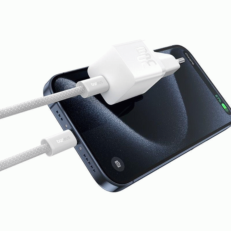 Nabíječka do sítě Baseus GaN5 30W s USB-C/USB-C kabelem 100W 1m, 1xUSB-C, bílá