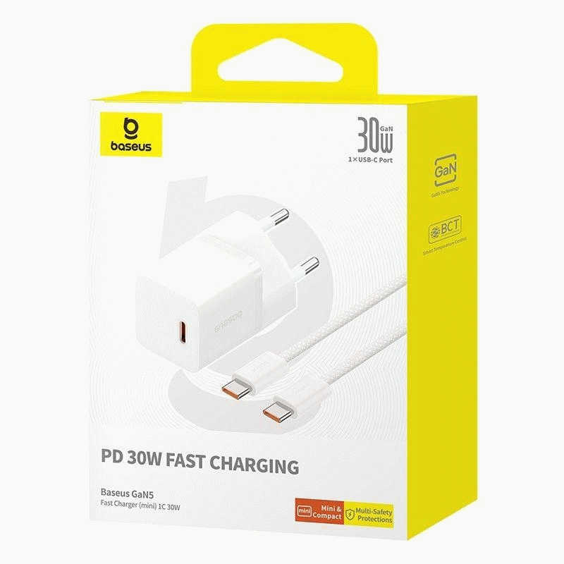 Nabíječka do sítě Baseus GaN5 30W s USB-C/USB-C kabelem 100W 1m, 1xUSB-C, bílá