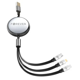 Navíjecí kabel Forever 3v1 USB/2xUSB-C, Lightning 1,2m 100W, černá