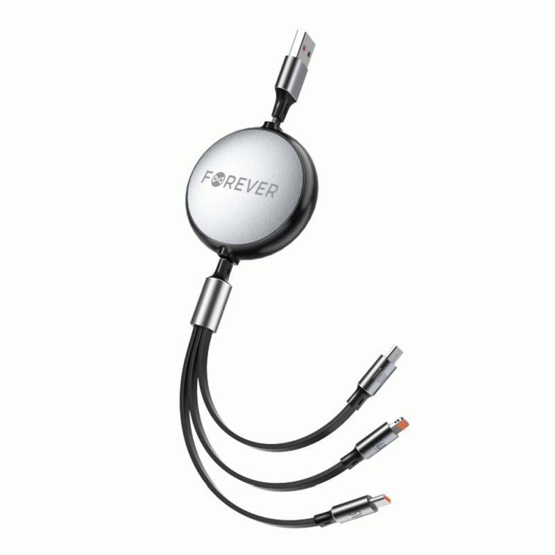 Navíjecí kabel Forever 3v1 USB/2xUSB-C, Lightning 1,2m 100W, černá