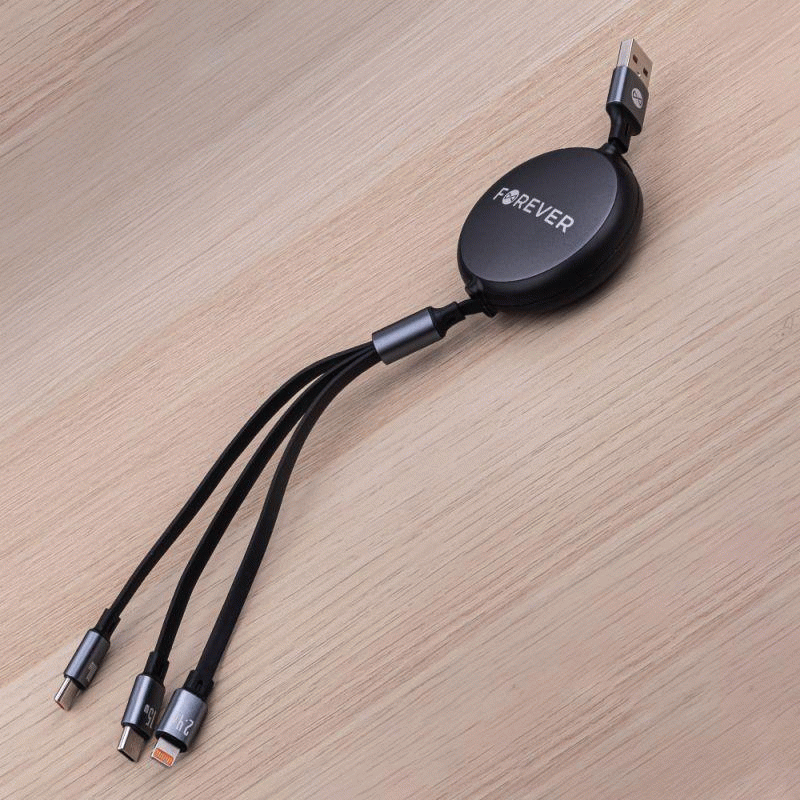 Navíjecí kabel Forever 3v1 USB/2xUSB-C, Lightning 1,2m 100W, černá