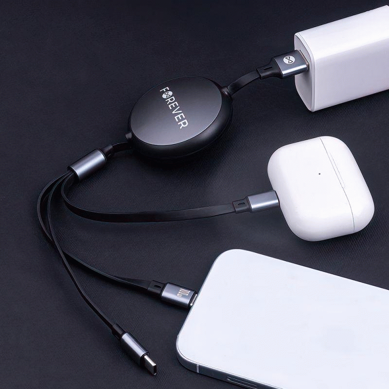 Navíjecí kabel Forever 3v1 USB/2xUSB-C, Lightning 1,2m 100W, černá