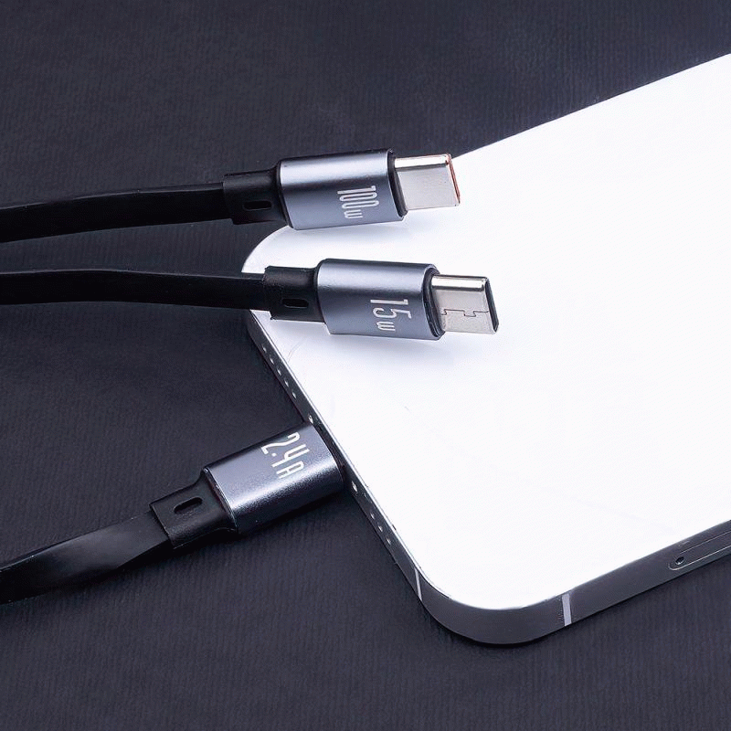Navíjecí kabel Forever 3v1 USB/2xUSB-C, Lightning 1,2m 100W, černá
